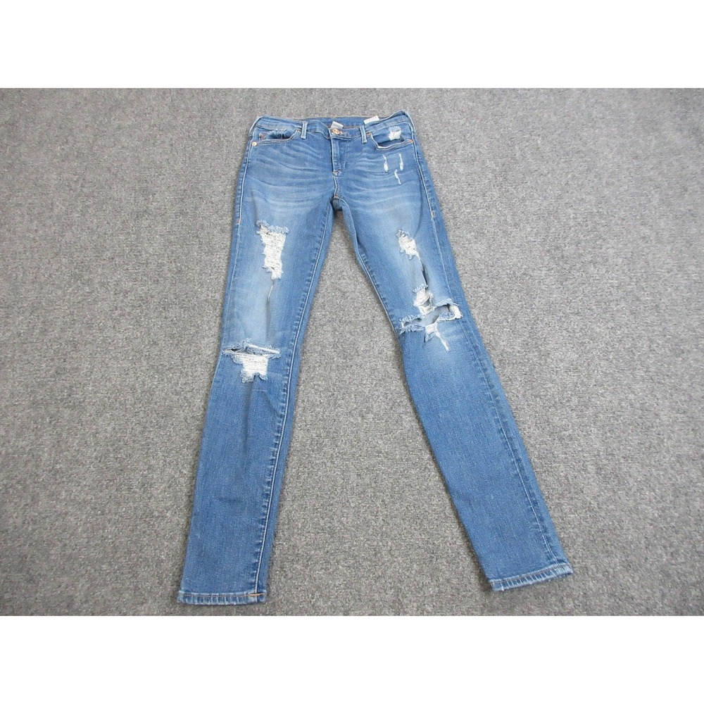 True Religion Jeans Womens 26 Halle Mid Rise Super‎ Skinny Distressed Bowie Blue